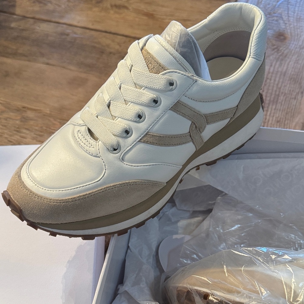 Veronica Beard Cream and Tan Sneakers